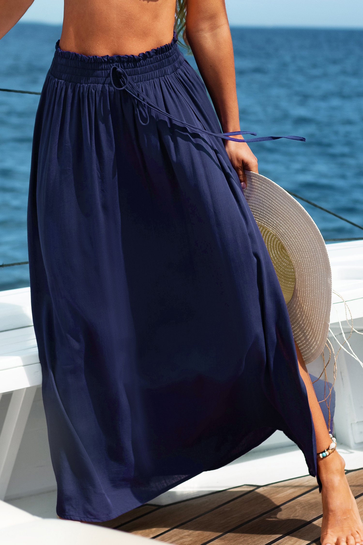 Jupe maxi avec taille à smocks bleue
