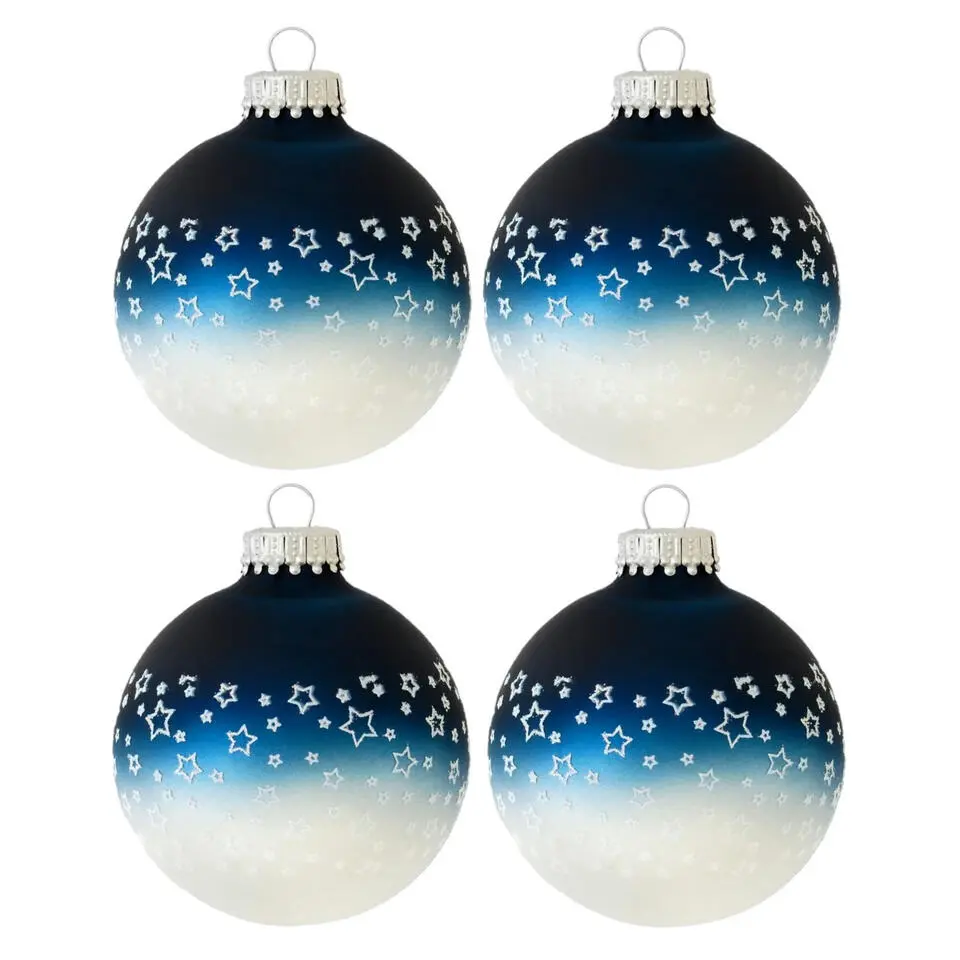 Krebs Kerstballen - 4 stuks - glazen - blauw-wit - met sterren - 7 cm