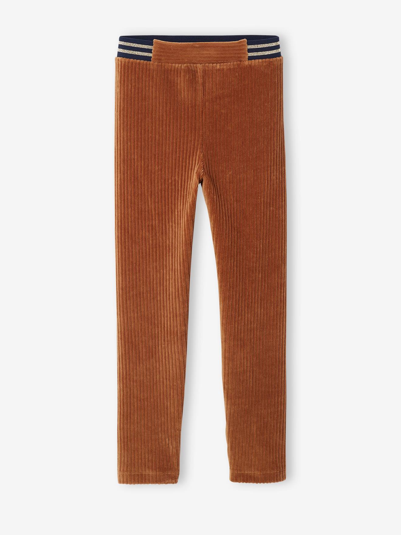 Calças legging de veludo cotelê, lisas, marrom médio, para meninas.