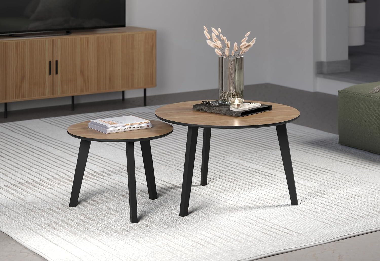 trendteam smart living - Ronin - Couchtisch - Eiche/Schwarz lackiert - 2er Couchtisch-Set rund - (BxHxT) 50 x 39 x 50/70 x 45 x 70 cm - 2 Satztische - Füße aus Massivholz