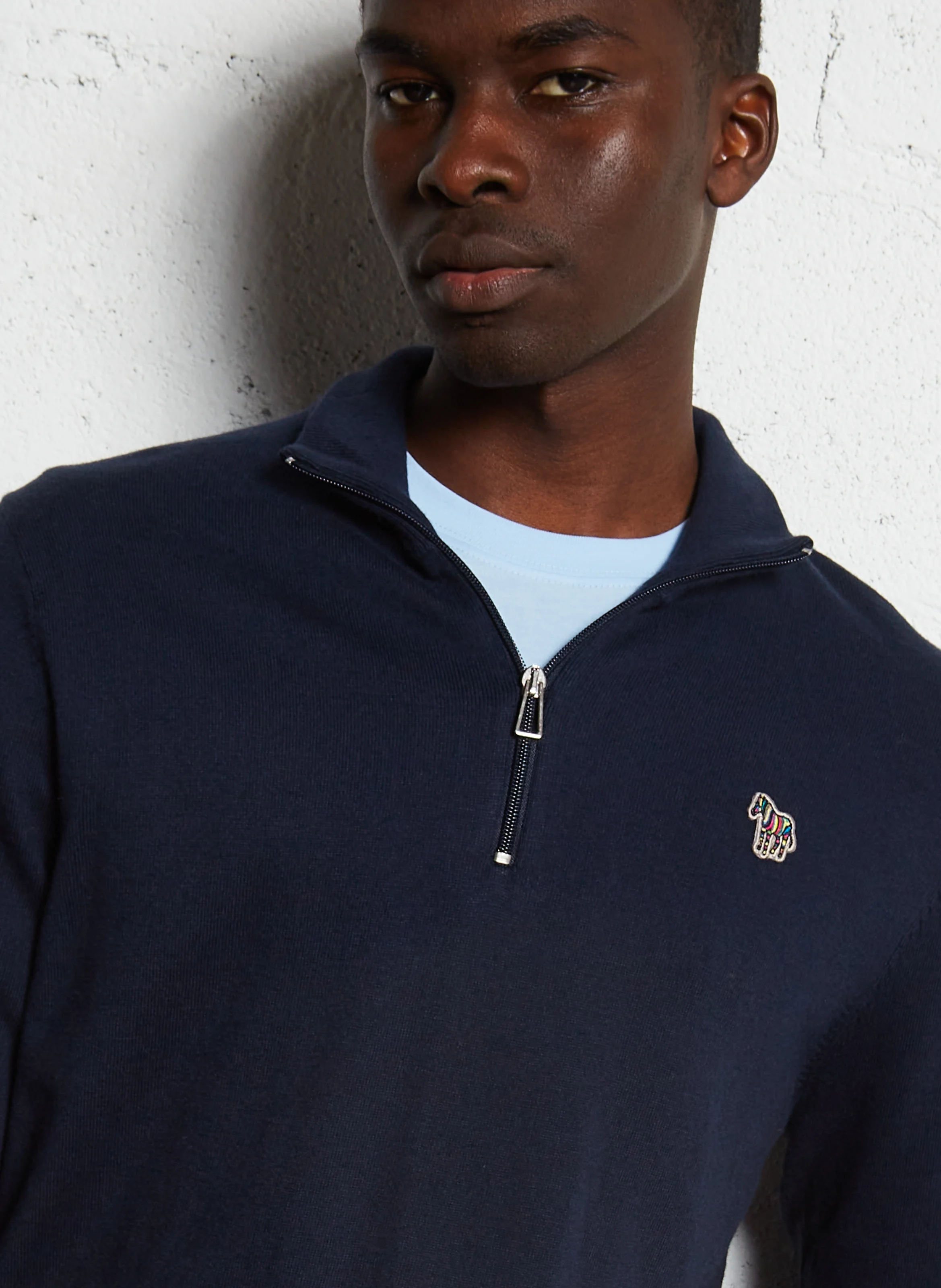 Pull col montant zippé en coton mélangé| Bleu