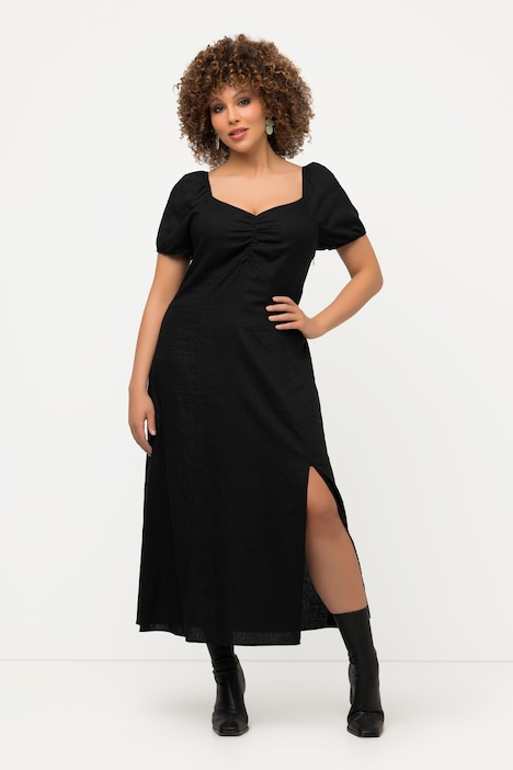 Midikleid, Leinenmix, Smokdetail, Herzausschnitt, Halbarm