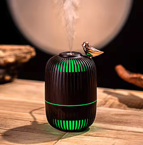 (280ml) Mini USB Luftbefeuchter Diffuser mit LED Beleuchtung - Dunkelbraun / Vogel