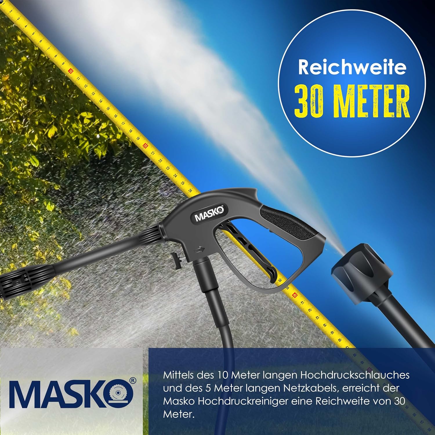 MASKO® Hochdruckreiniger 2200 Watt 165 bar 450 l/h, mit Spule Schlauchtrommel 10m Schlauch 9 TLG Zubehör Set, mit Handschuhen, Seifenflasche, Schaumdüse, Hochdruckpistole für Autos/Zäune/Garten/Patios