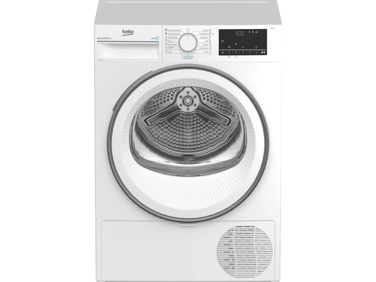 Beko B3T67230, Fritstående, Front-læsning, Varmepumpe, Hvid, Dreje, Rustfrit stål