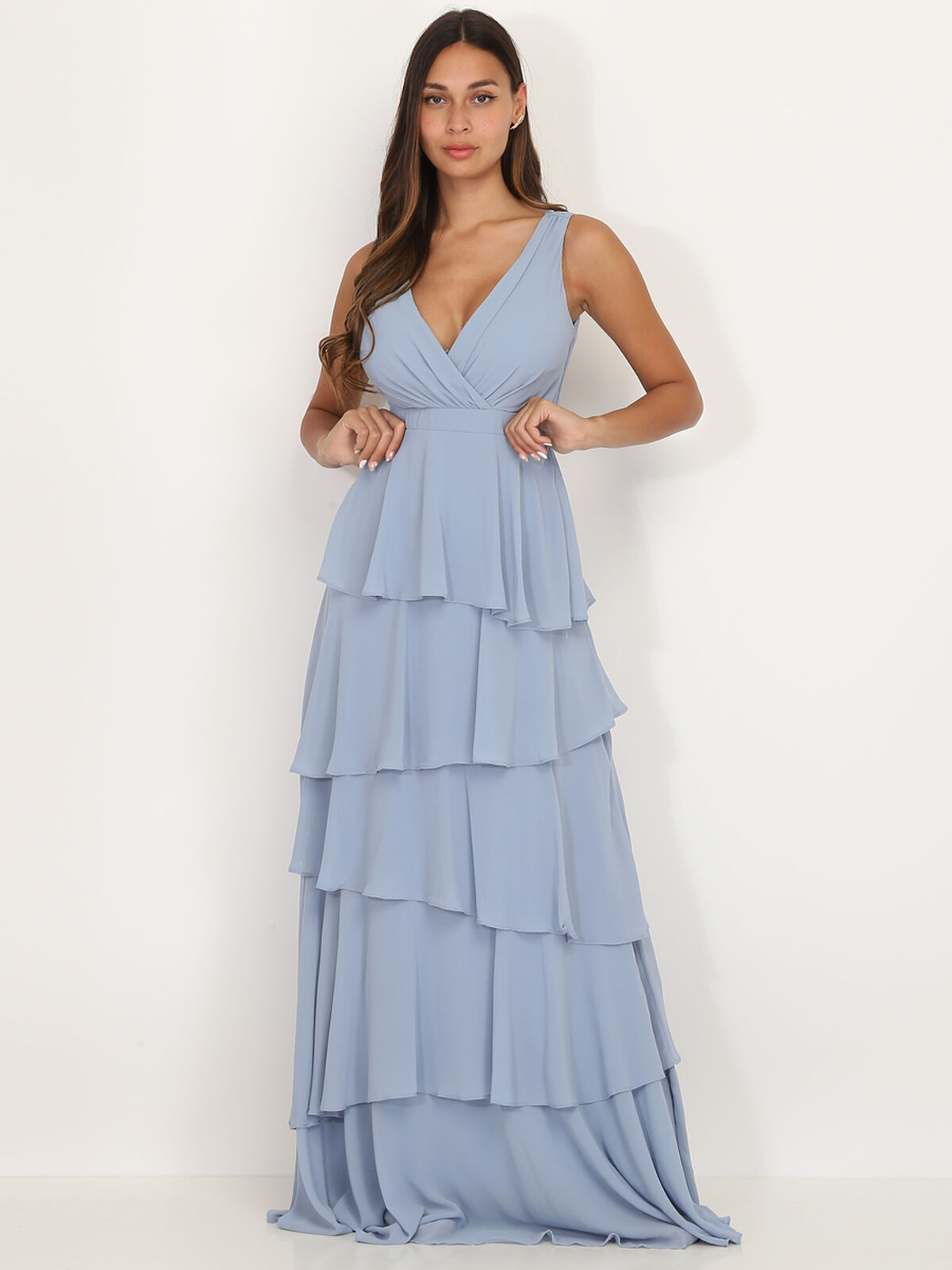 Robe longue à volants- Bleu givré