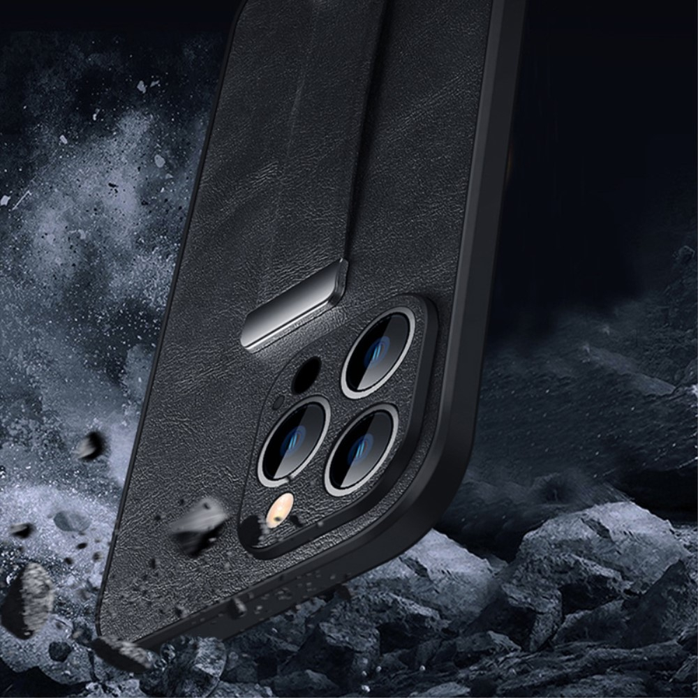 iPhone 15 Pro Max Leder Hardcase Hülle mit Handschlaufe - Schwarz