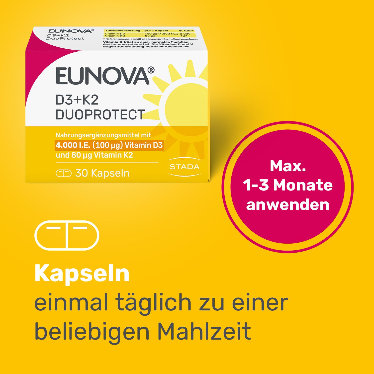 EUNOVA® D3 + K2 DuoProtect – 4.000 I.E.  Nahrungsergänzungsmittel mit zur normalen Funktion des Immunsystems & Erhaltung normaler Knochen