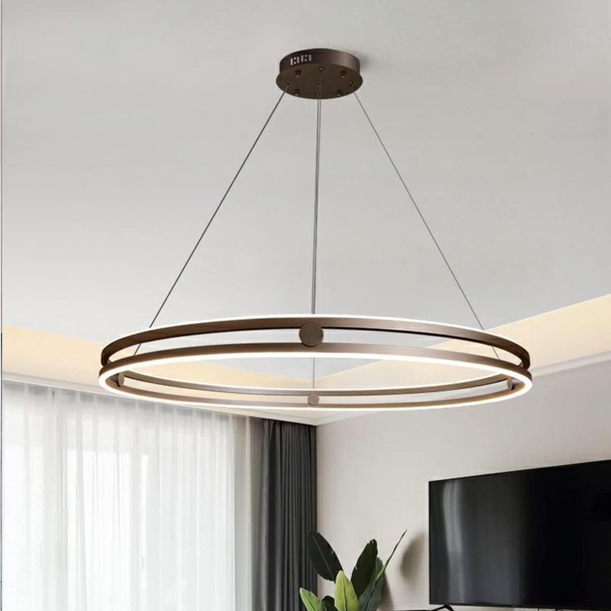 LED Pendelleuchte Esszimmer Metall ring Kronleuchter Höhenverstellbar Wohnzimmerlamp Dimmbar mit Fernbedienung Hängeleuchte Esstisch Pendellampe Acryl Hängelampe Küchen (Kaffee, L60cm/72W)