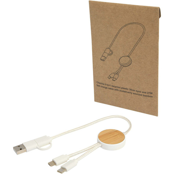 PF Concept 124421 - Câble 5 en 1 Chechia en plastique recyclé de 30 cm pour la synchronisation des données et la charge rapide de 27 W avec détails en bambou