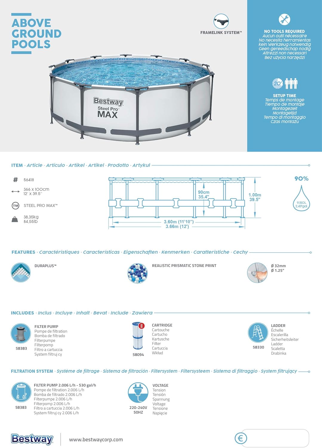 Bestway Steel Pro Max Frame Kit Piscine avec Pompe à Filtre Ø 366 x 100 cm, Gris Clair, Ronde