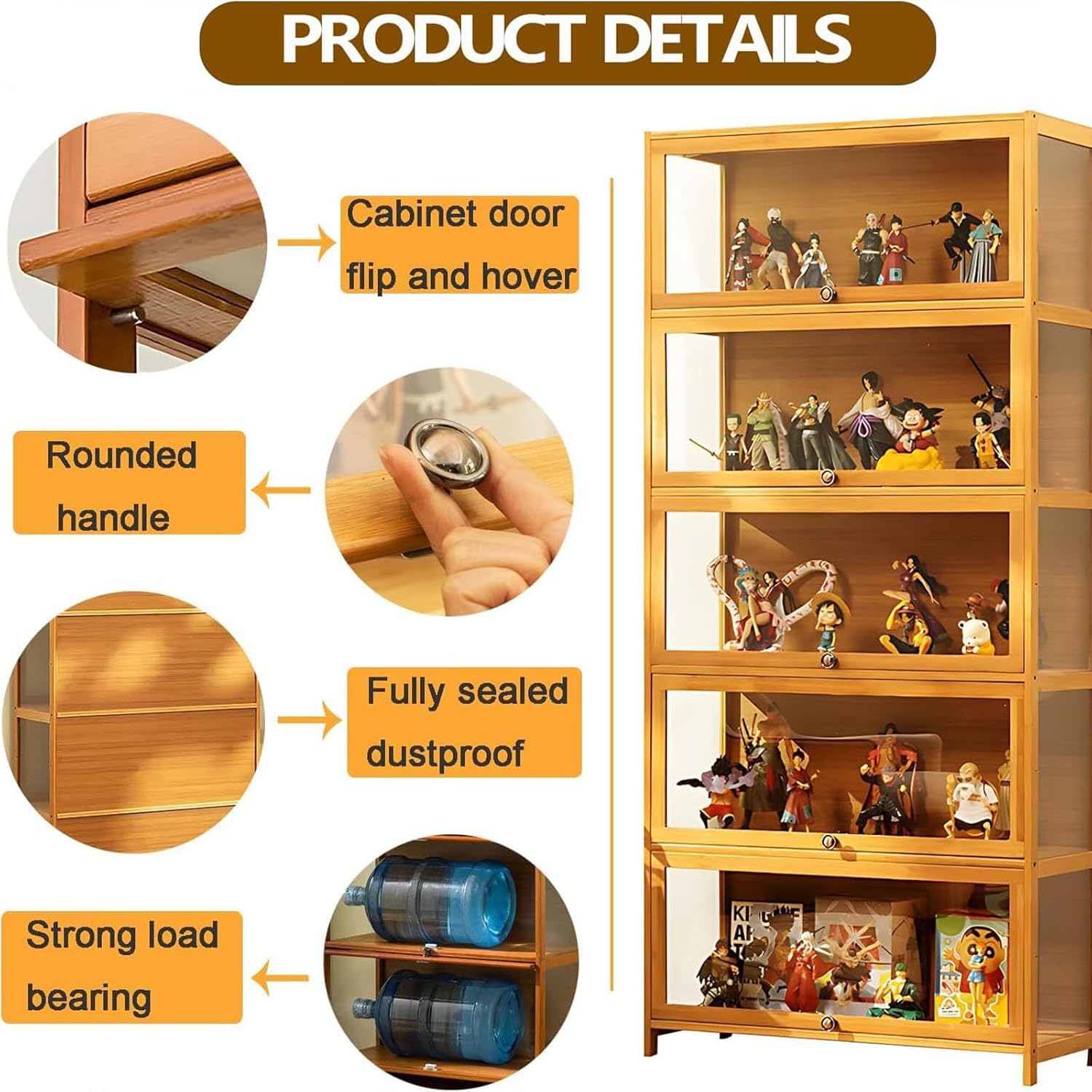 Standvitrine mit Acrylglas, 5 Böden Glas Vitrinenschrank, Dreiseitiger Transparenter Geschirrschrank, Bücherschrank mit Türen, für Wohnzimmer,Schlafzimmer,Büro (braune Klappe)