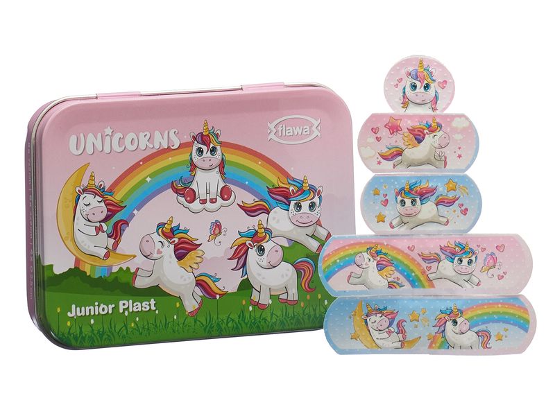 FLAWA Pflaster Junior Unicorns 20 Stück assortiert Lustige Pflasterbox für Kinder