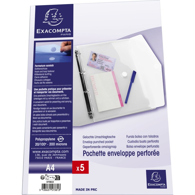 Pochettes de rangement perforées à scratch Exacompta A4 transparentes - Sachet de 5