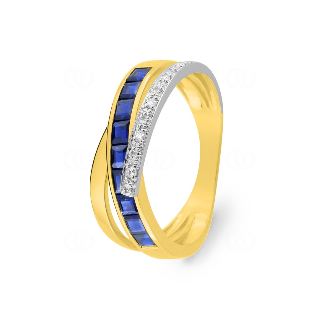 Damenring 750/18 K Gelbgold mit Saphiren carrée & Diamanten 0.03ct.