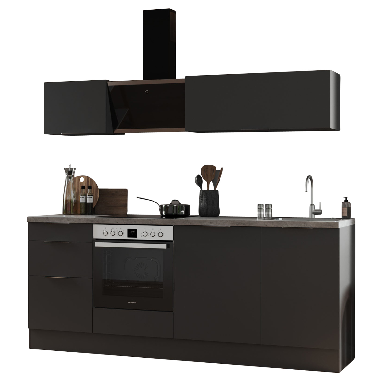 RESPEKTA Küchenblock - grau matt - mit E-Geräten - 220 cm