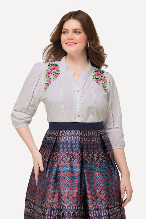 Bluse, Lochspitze, A-Linie, V-Ausschnitt, 3/4-Arm