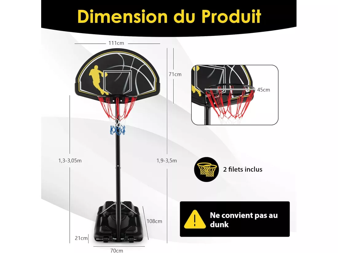 Panier de Basket-Ball sur Pieds avec Hauteur Réglable 130-305cm, Support de Basket Portable avec Roues et Base Rechargeable, Résistant aux Intempéries, Intérieure & Extérieure