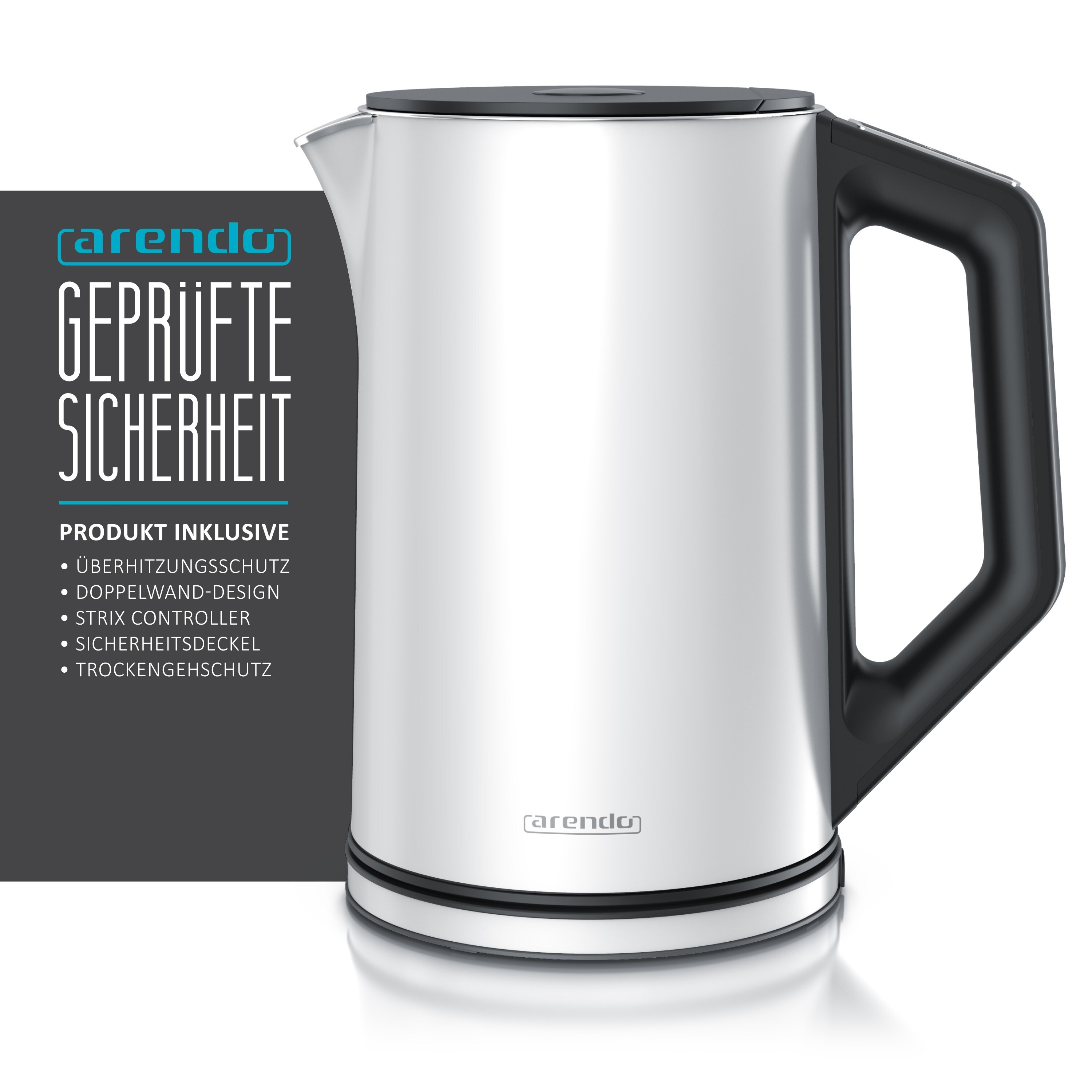 Arendo Frühstücksset, Wasserkocher ELEGANT 1,5 Liter & Langschlitztoaster für 2 Scheiben, Weiß