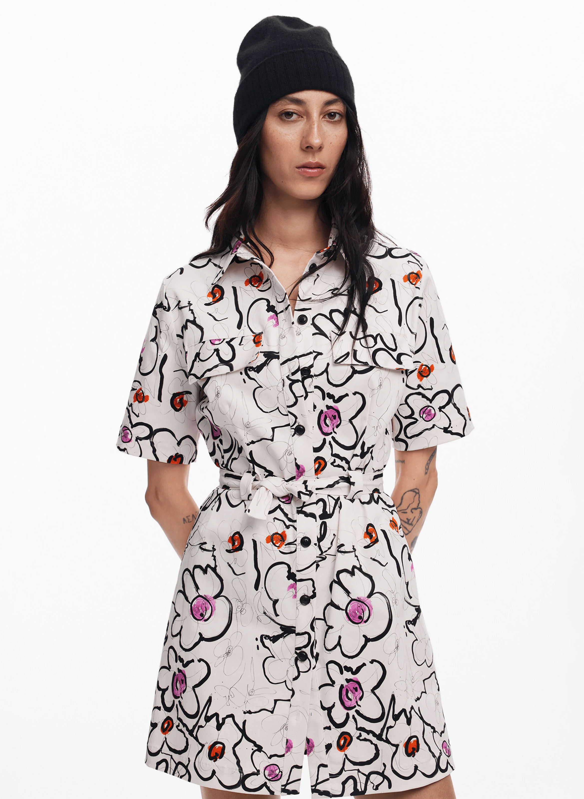 Robe chemise courte imprimée en coton mélangé | Blanc