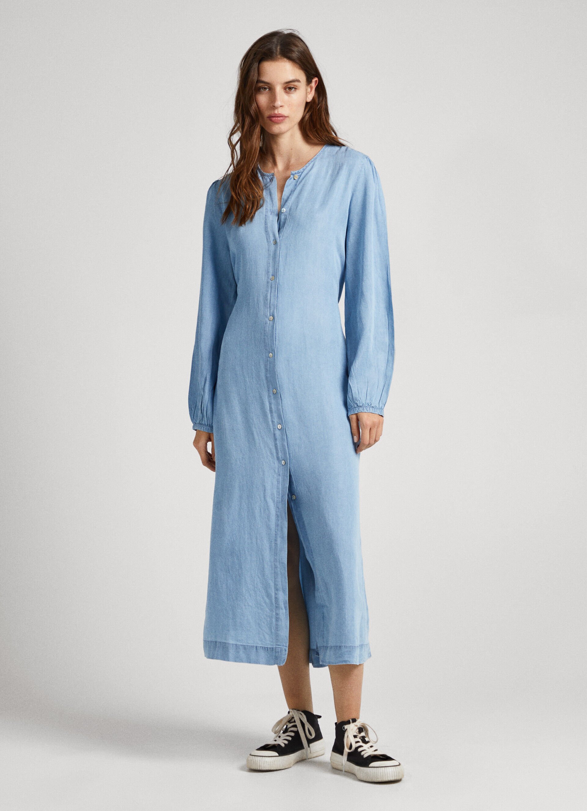 VESTIDO DE TENCEL COM DECOTE REDONDO - azul