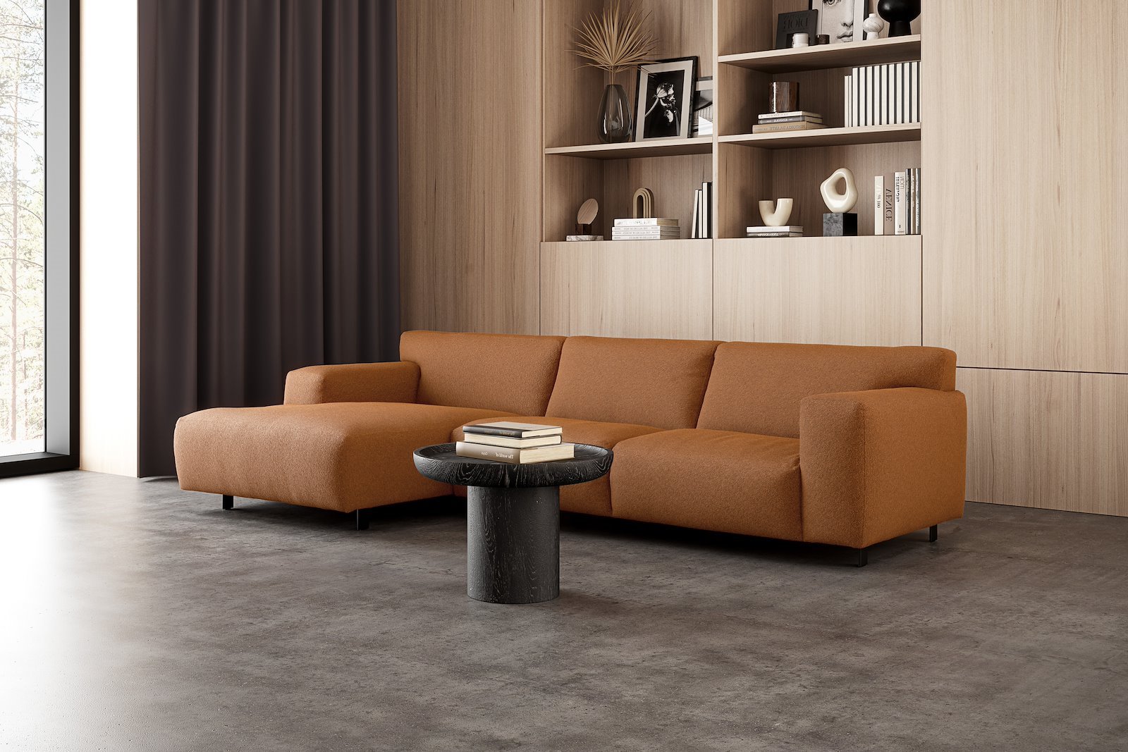 Vesta 2,5-seter med sjeselong venstre I Tekstil Marilyn Bronze, standardsøm, sort metallben 10 cm, Comfort CM