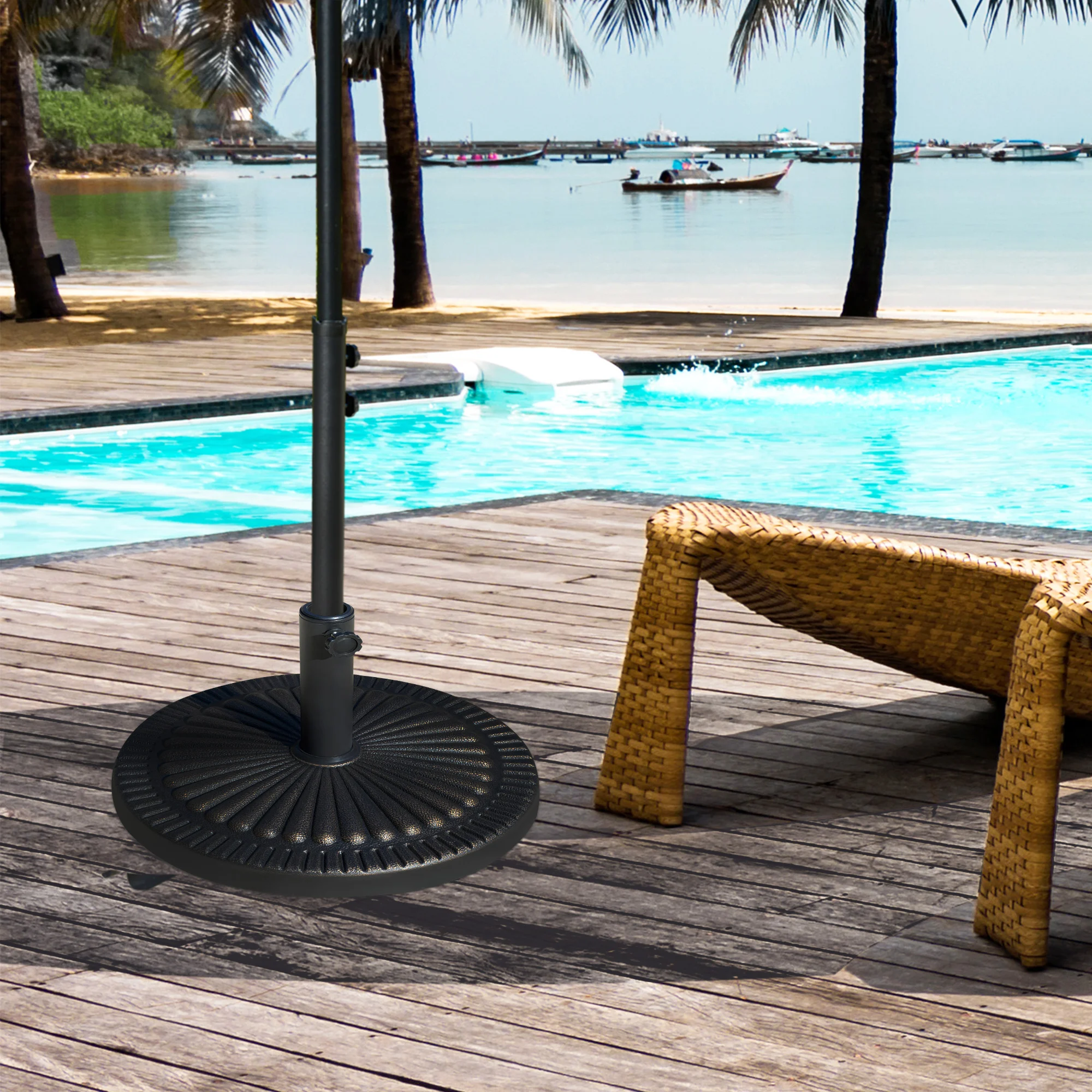 Base para guarda-sol de jardim Outsunny, peso líquido 14,28 kg, suporte redondo para guarda-sol, adequado para hastes de 38 mm/48 mm, resina e aço, para terraço, pátio ou área externa, Ø48,5 x 33 cm, bronze.