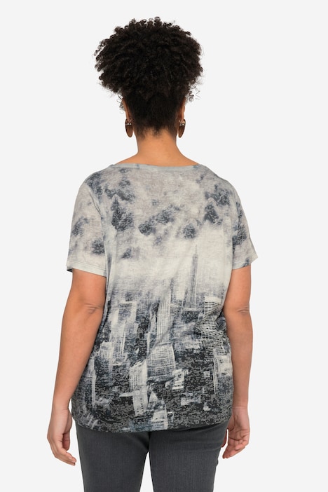 T-Shirt, Skyline-Druck mit Herz, Rundhals, Halbarm