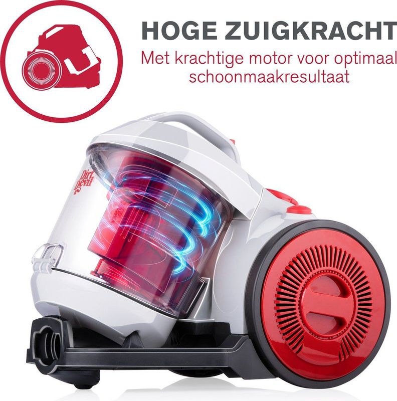 Dirt Devil Stofzuiger zonder zak - HEPA 12 filter - 7,5 m bereik - combibrush - verzonken borstel - meubelopzetstuk - 4,3 kg - 2,2 l stofopvangbak - grijs/rood