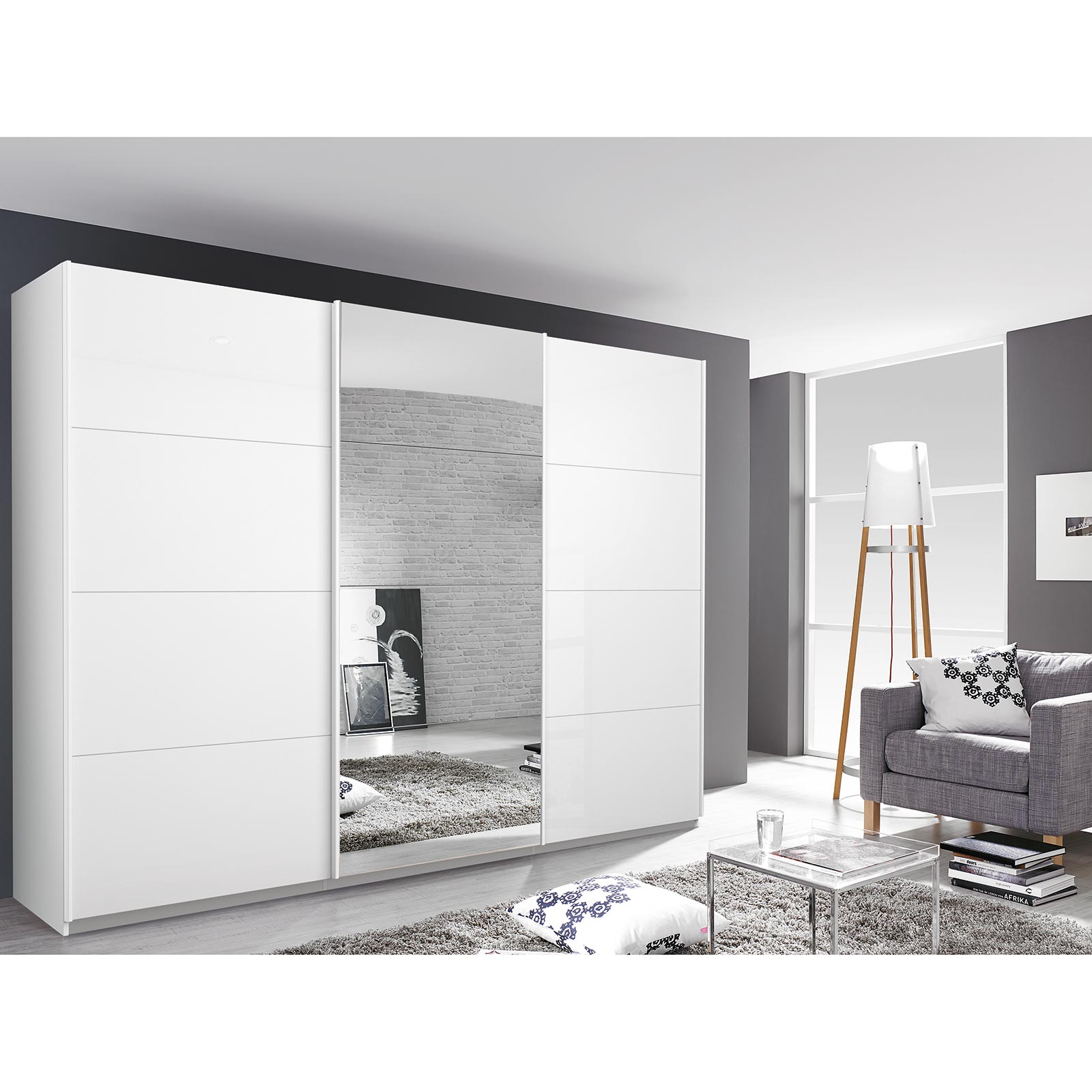 Schwebetürenschrank - weiß Hochglanz - mit Spiegel - 271x210 cm