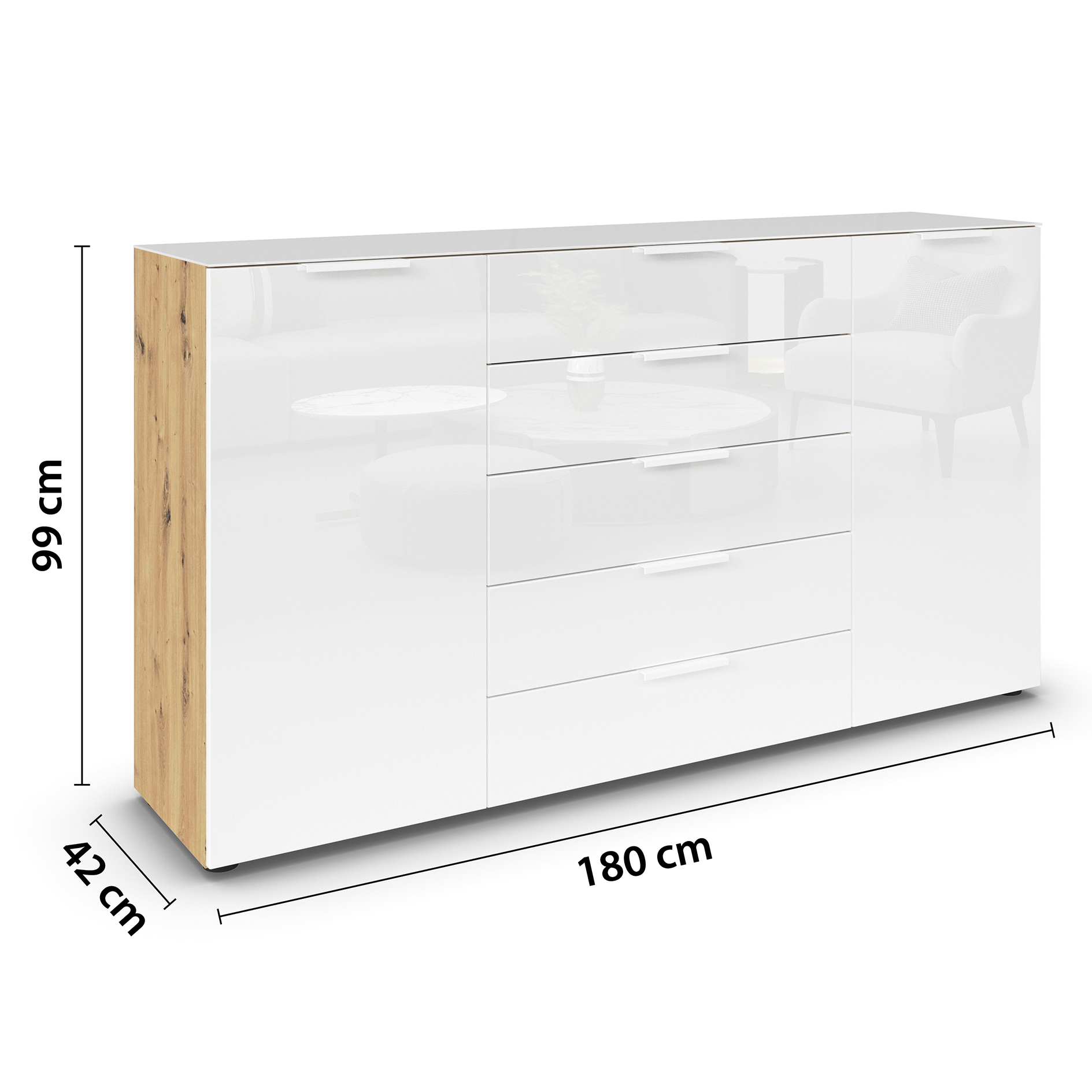 Kommode - Artisan Eiche-Kristallweißglas - weiße Griffe - 180 cm