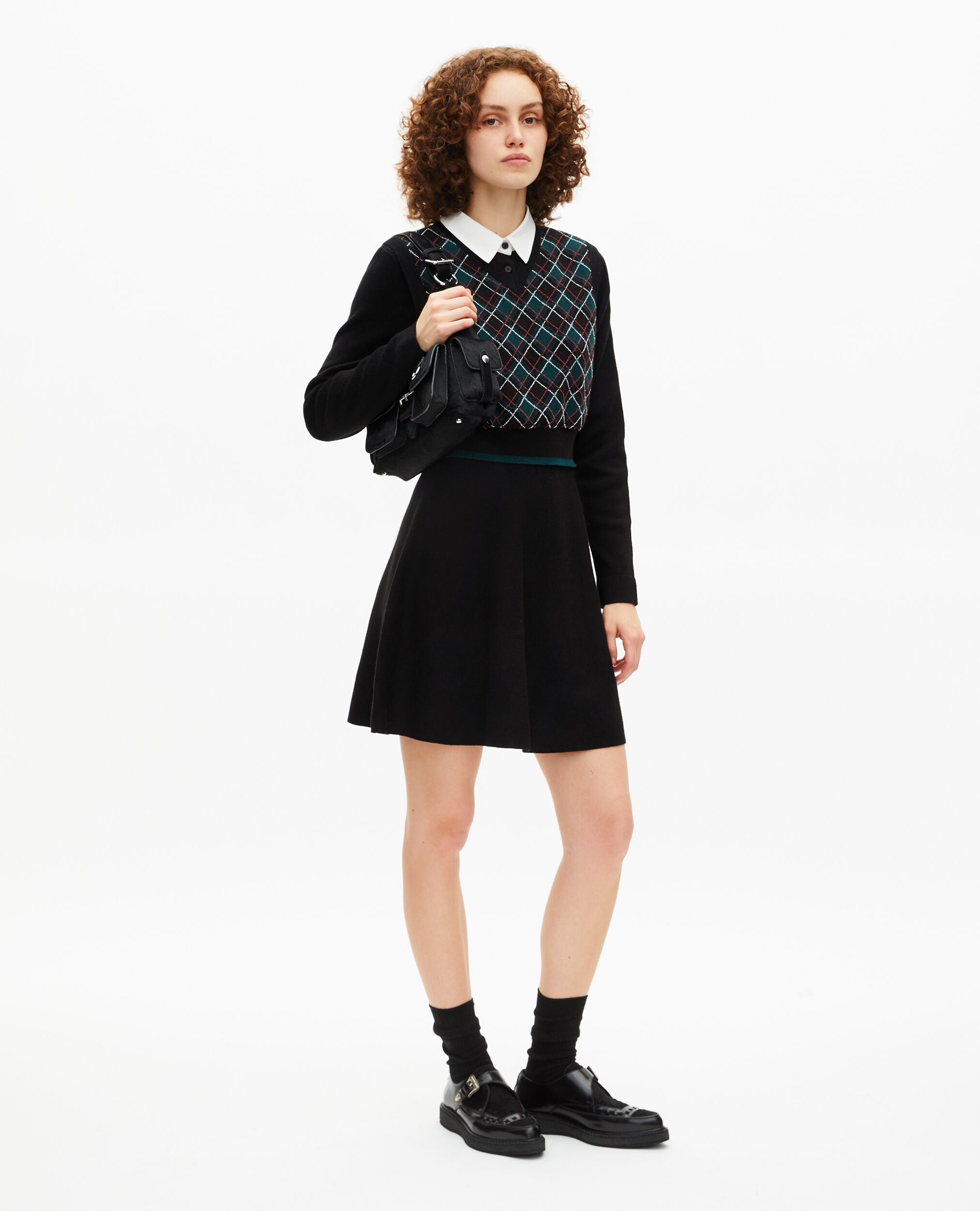 Robe courte en maille à carreaux noire
