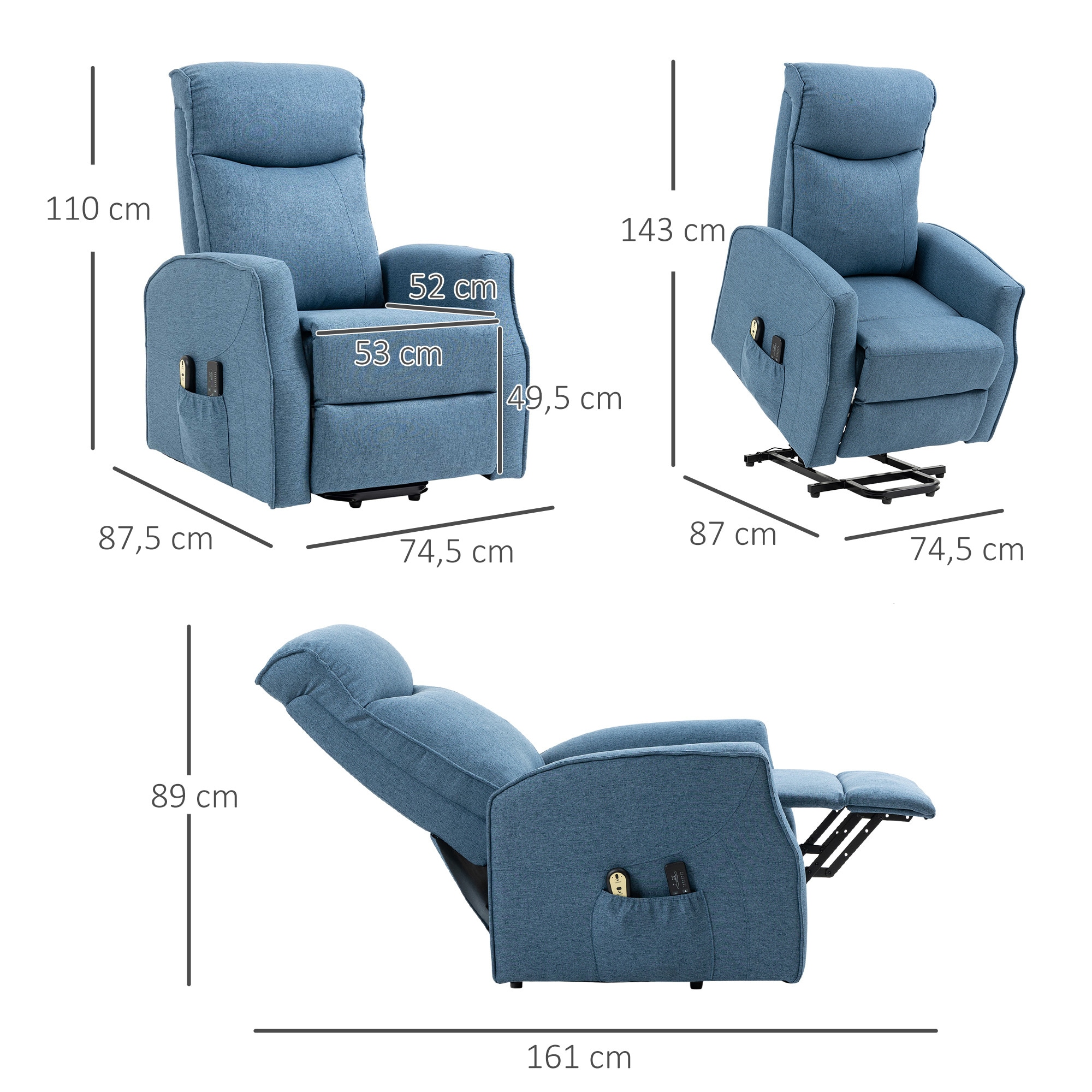 HOMCOM Funktionssessel mit Massagefunktion und Aufstehhilfe blau 74,5L x 87,5B x 110H cm
