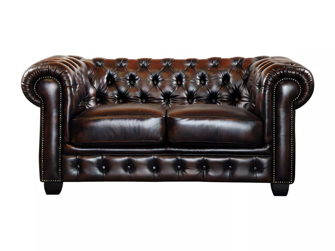 Canapés chesterfield 3 places 2 places et un fauteuil BRENTON 100% cuir de buffle - Marron reflets châtains