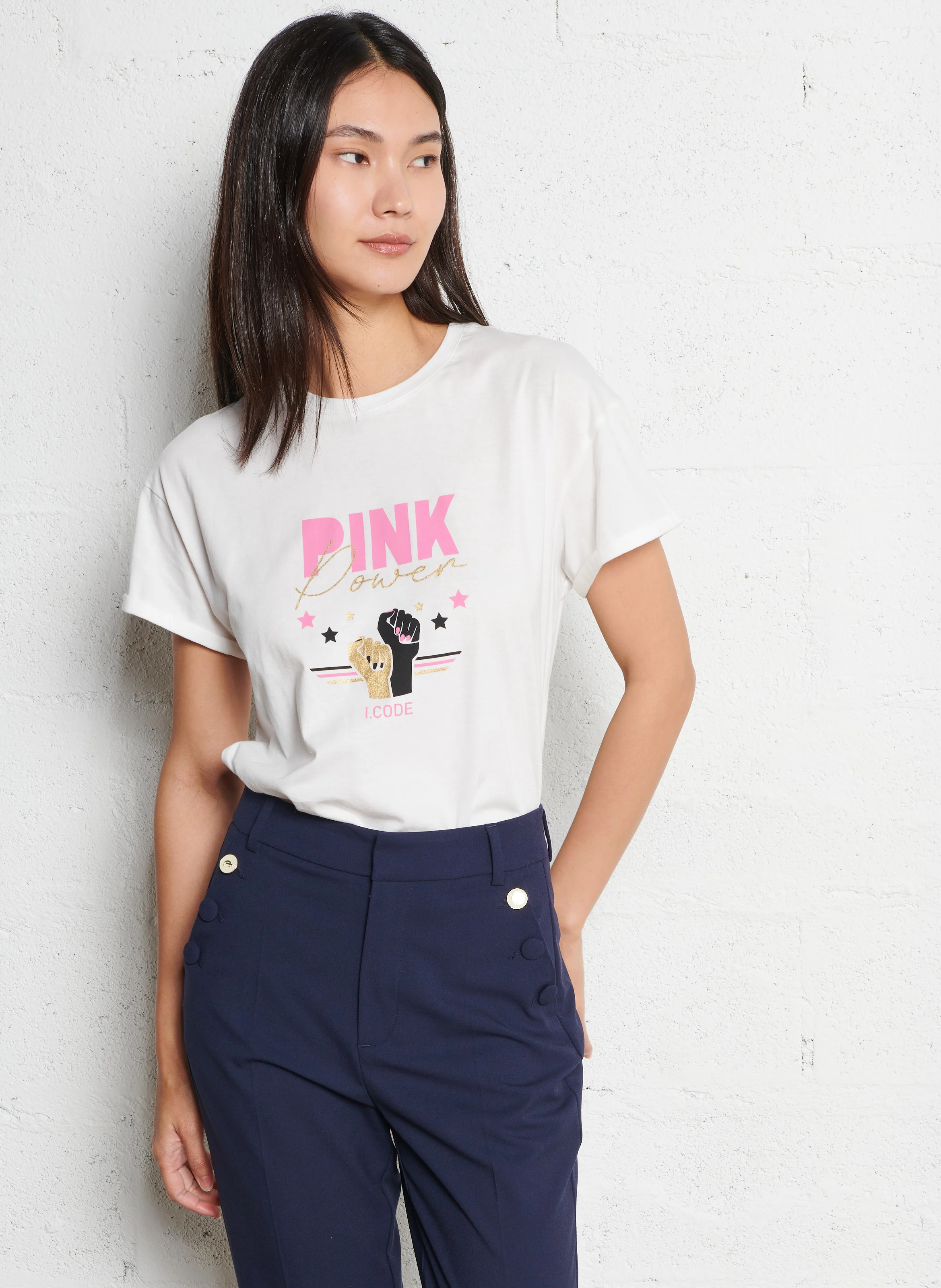 Tee-shirt droit col rond sérigraphié en coton | Blanc