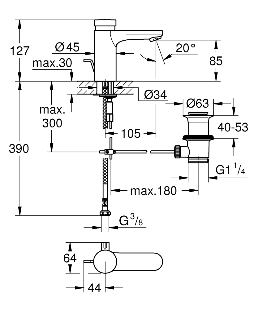 Grohe Eurosmart Cosmopolitan T 1-gats wastafelkraan met waste chroom