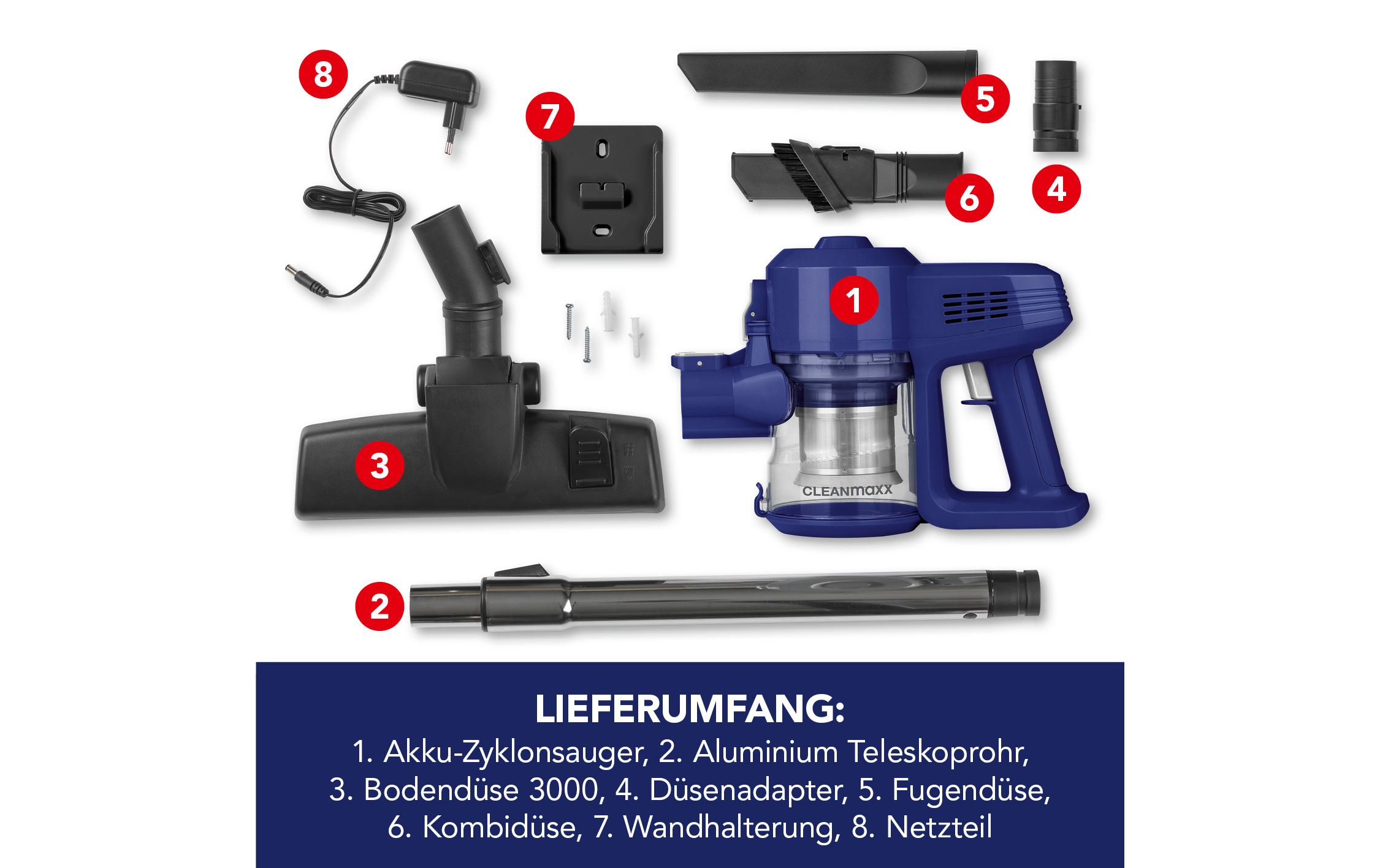 Akku-Hand- und Stielsauger Blau/SilberKabelloser Hand- und Bodenstaubsauger