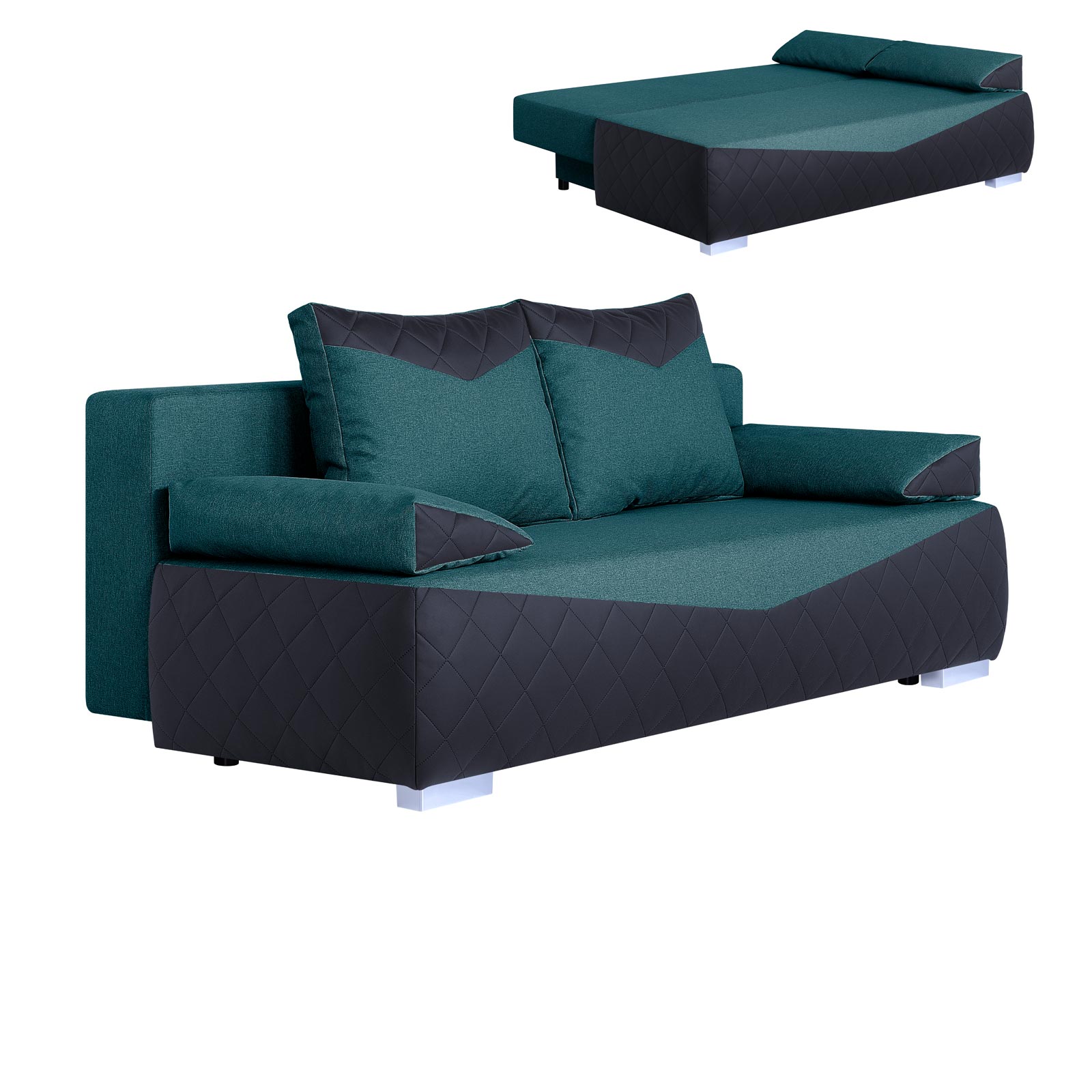 Boxspringsofa - schwarz-petrol - Karosteppung - Dauerschläfer