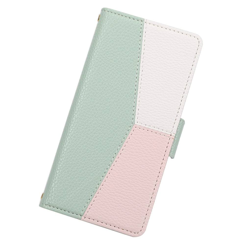 iPhone 12 / iPhone 12 Pro Leder Tasche Flip Cover Litchi Look mit Kartenfächern Geometrisches Design - Grün / Rosa / Weiss