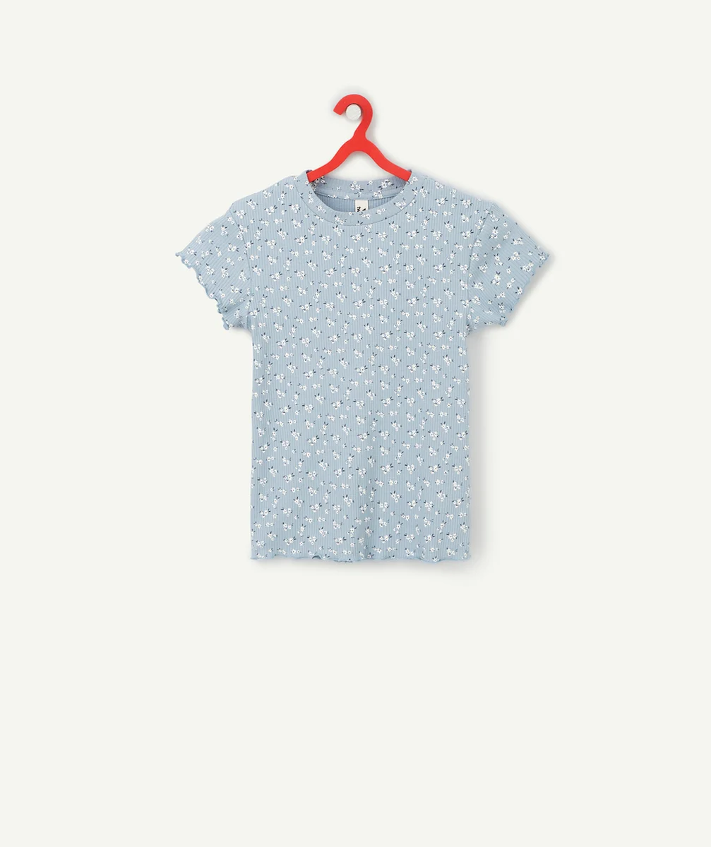 T-SHIRT FILLE EN COTON BIO BLEU CÔTELÉ IMPRIMÉ FLEURI