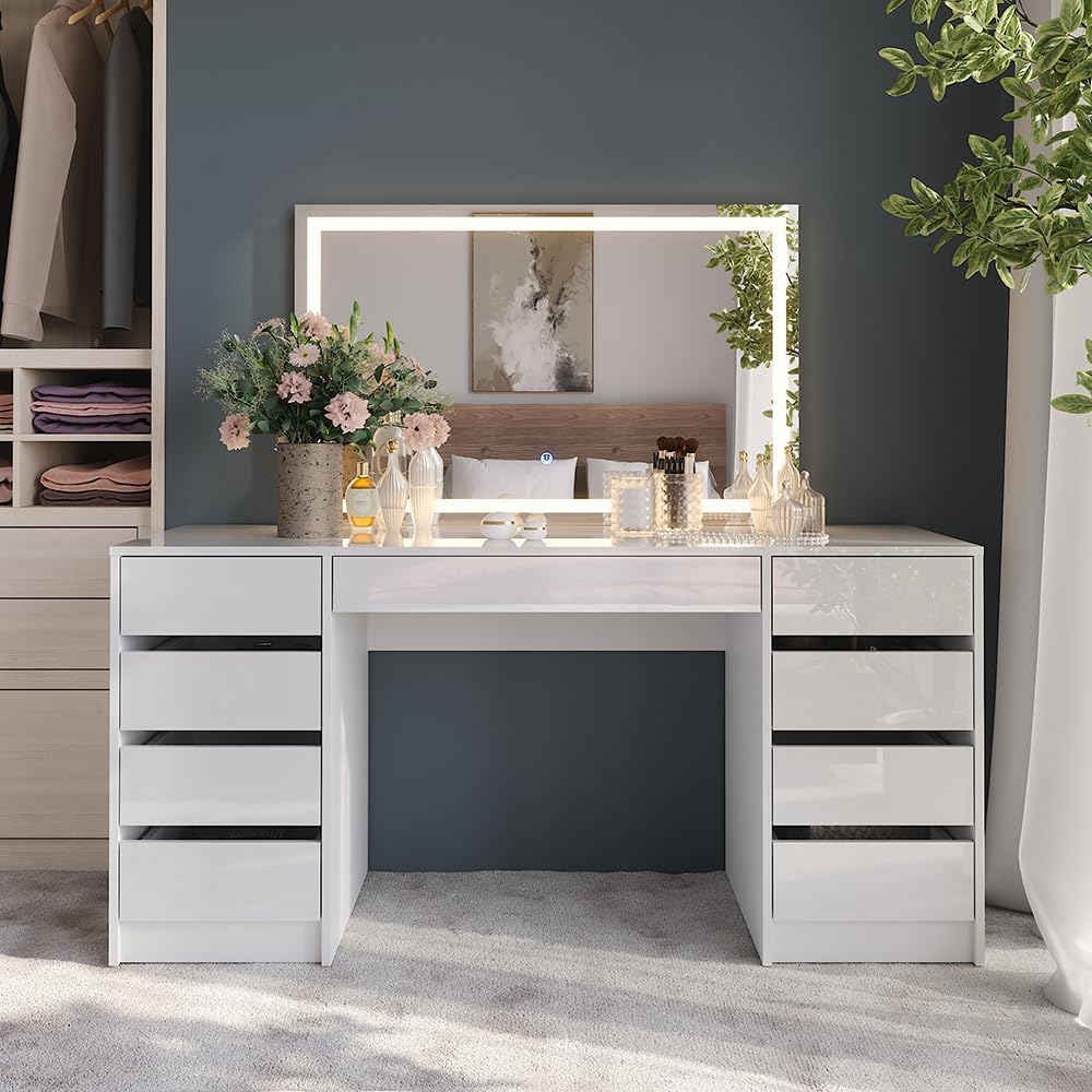Vicco Schminktisch Sherry, Weiß/Weiß Hochglanz, 158.2 cm mit LED-Spiegel