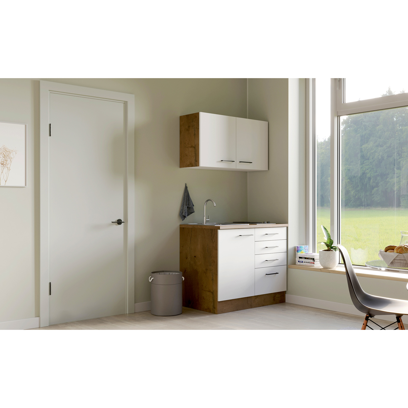 Küchenblock VINTEA - Magnolia matt - Lancelot Oak - mit Kochfeld - 100 cm