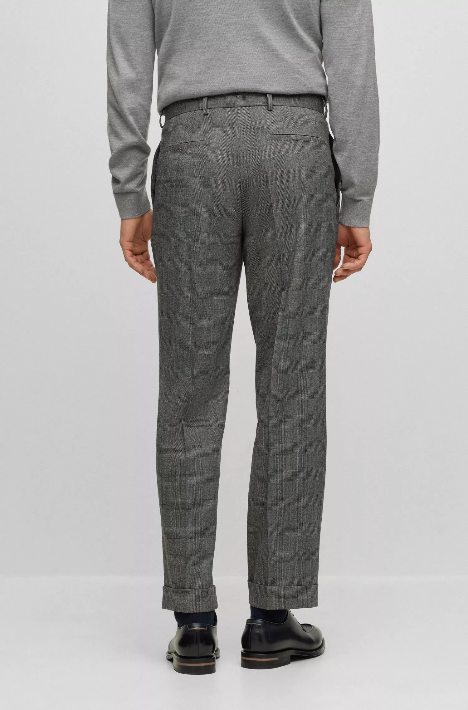 Calça BOSS Camel de corte relaxado em lã elástica xadrez.