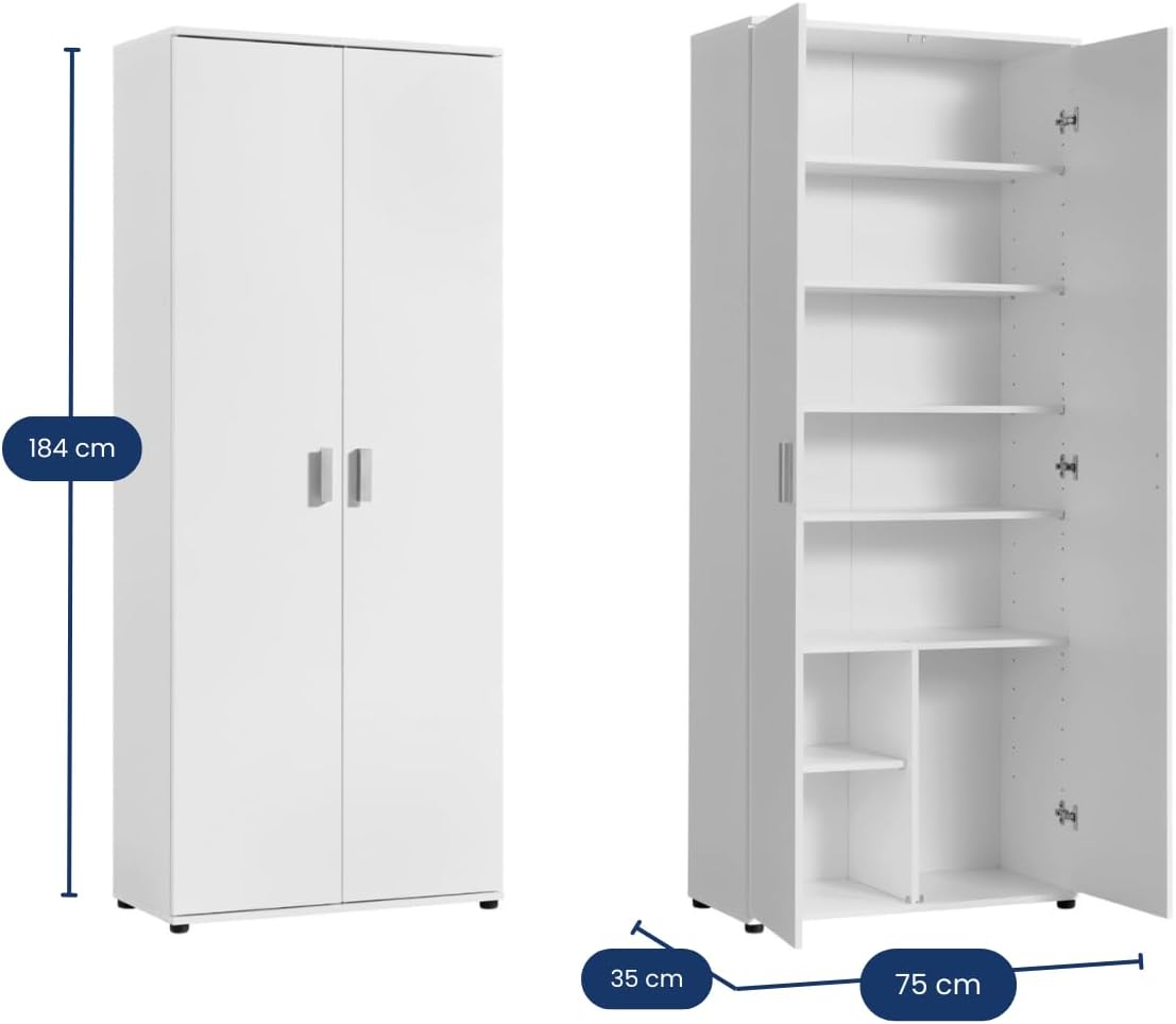 Home Collective Mehrzweckschrank 75cm breit mit 2 Türen 6 Einlegeböden Vielseitiger Haushaltsschrank für Vorräte Putzmittel Akten Universalschrank für Haushalt Flur Büro Keller 75x35x184cm(BxTxH) Weiß