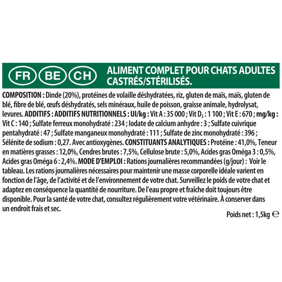 Croquettes chat adulte stérilisé à la dinde Super Premium - 1,5 kg