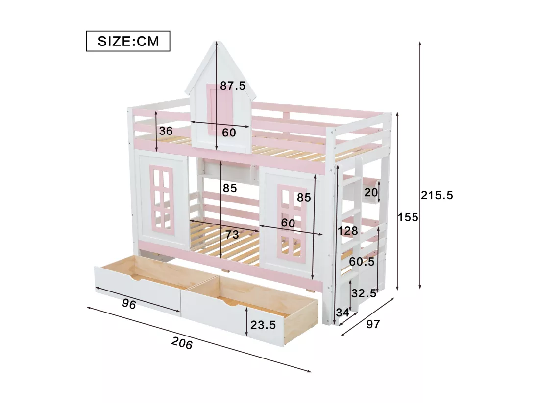 Lits superposés 2 x 90 x 200 cm avec 2 tiroirs, fenêtres et barrières de sécurité - pin + MDF - blanc + rose (sans matelas)