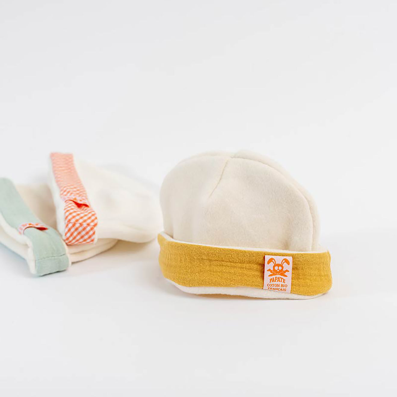 Papate Bonnet de Naissance en Coton Bio blanc/honey - 20x12 cm