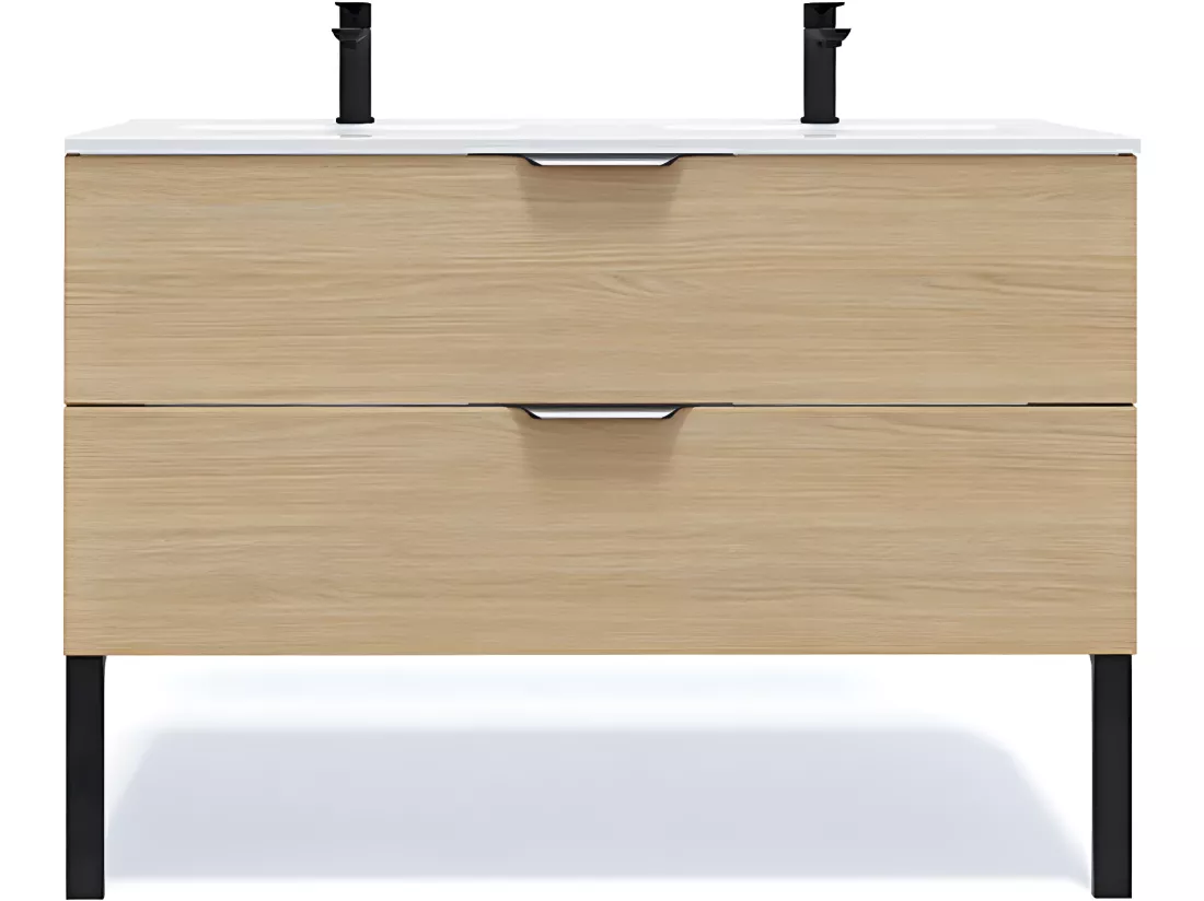 Meuble de salle de bain suspendu double vasque intégrée 120cm 2 tiroirs Chêne clair - Venice