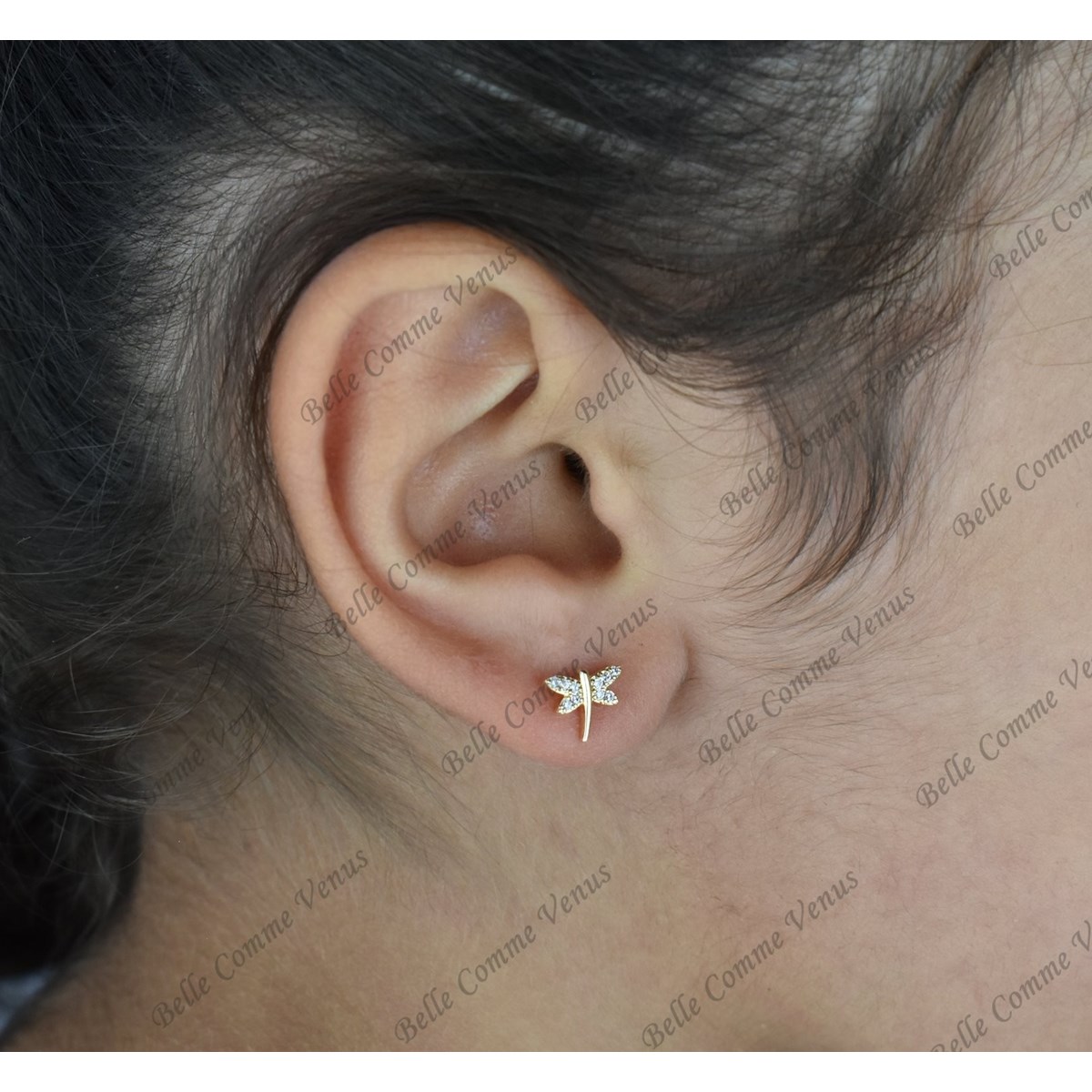 Boucles d'oreilles libellule sertie d'oxyde de zirconium Plaqué or 750 3 microns