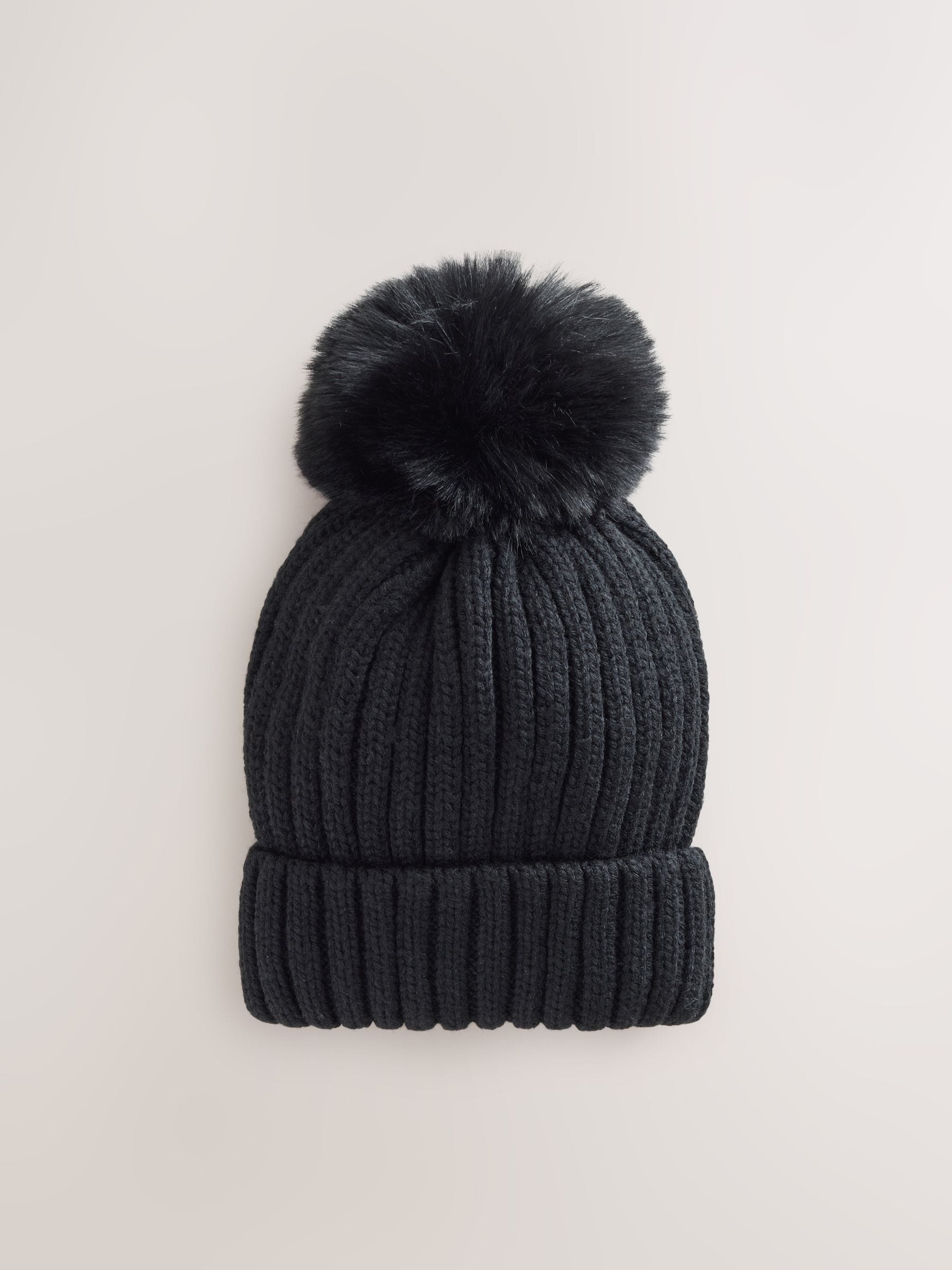 Zwart - Geribbelde beanie-muts met pompon (3mnd -16jr)